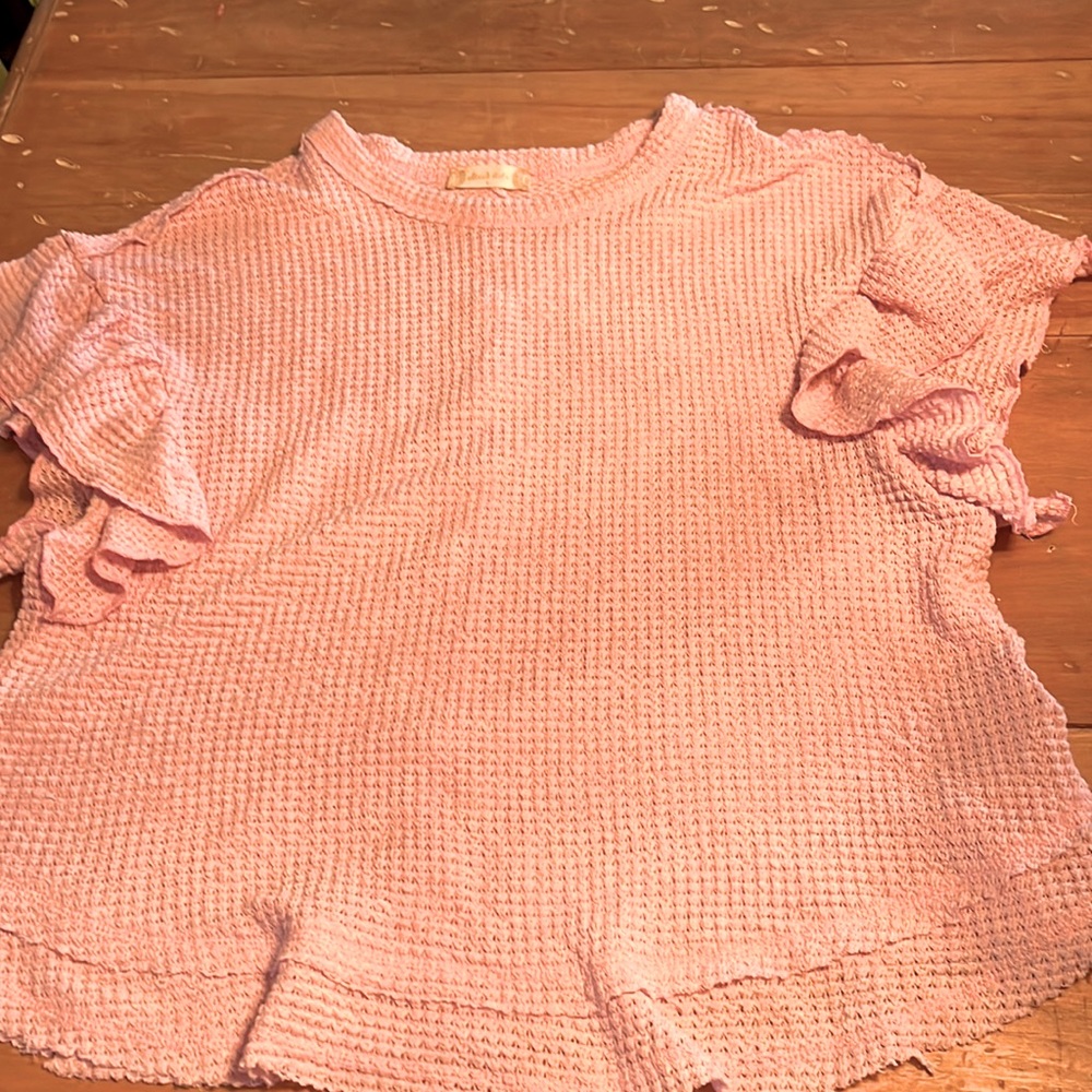 Altar’d State casual pink waffle , ruffled top